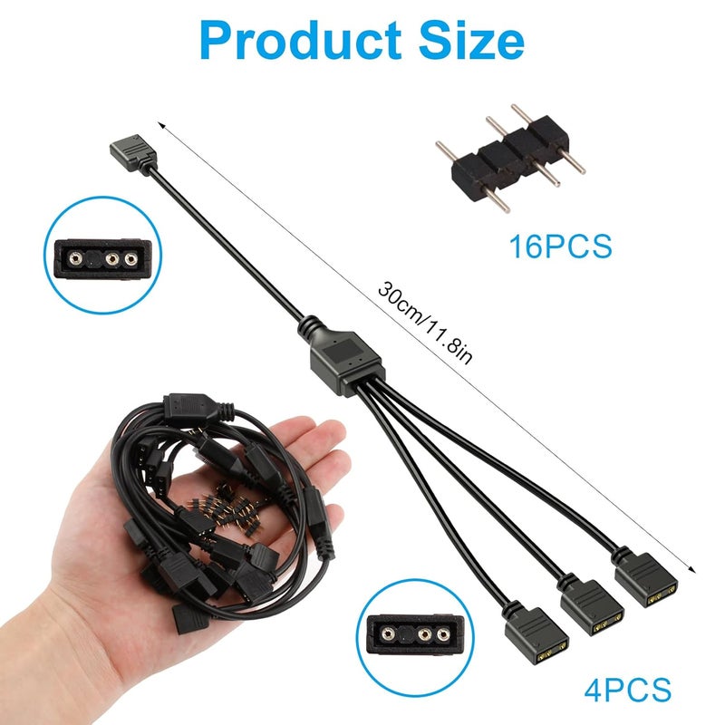 TNJPSEK 4 Pack 3Pin ARGB Spliter Cables with 16 Male Pins, 1-to-3 Female to Female Addressable RGB Spliter Extension Cable, 3-Pin RGB Splitter for 5V Computer Chassis PC Fans CPU Coolers Heat Sink - Image 5